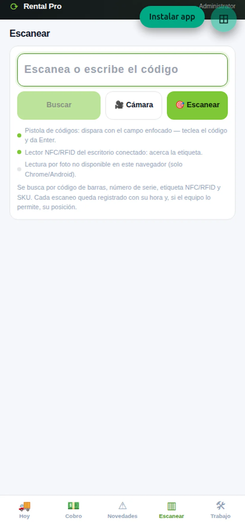Una app Solo escaneando: pistola de códigos, cámara y lector NFC o RFID