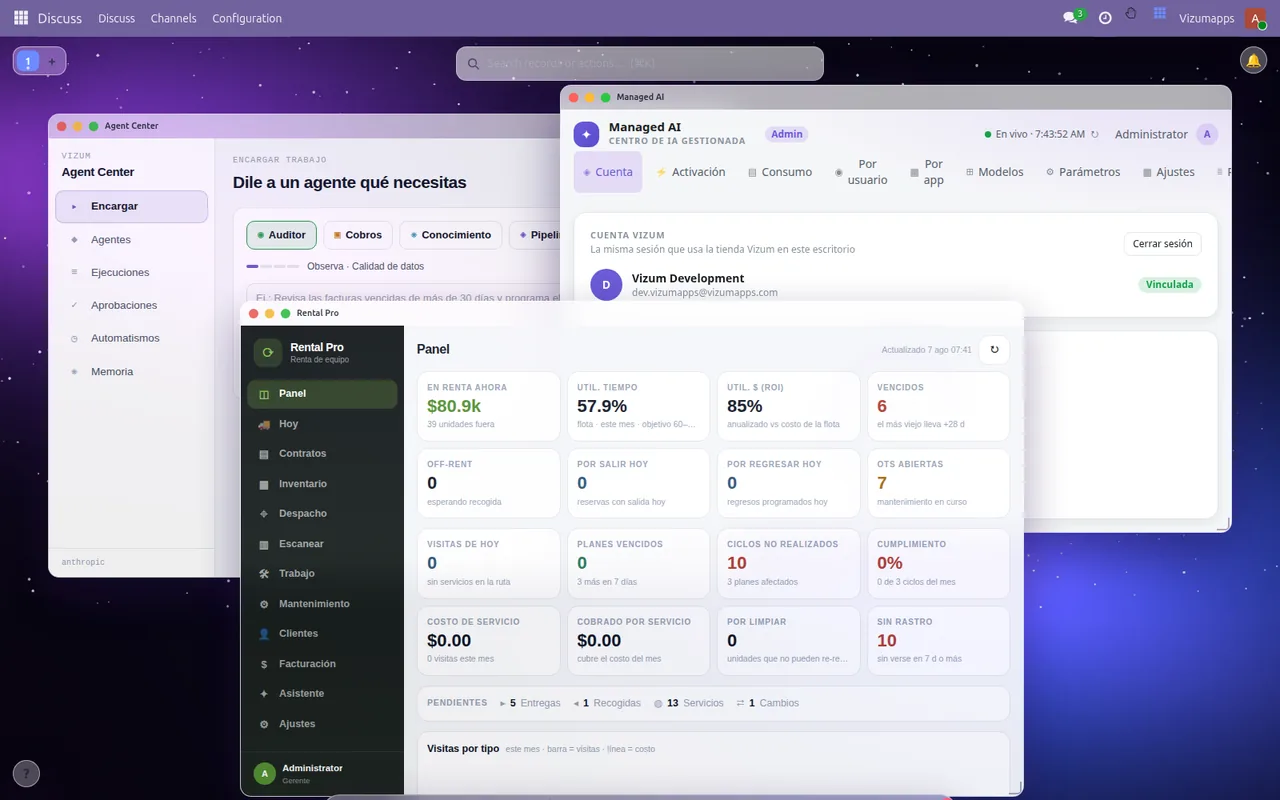 El escritorio Vizum: apps reales de Odoo en ventanas flotantes que se arrastran
